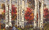 Maya Eventov Crimson and Birches painting
